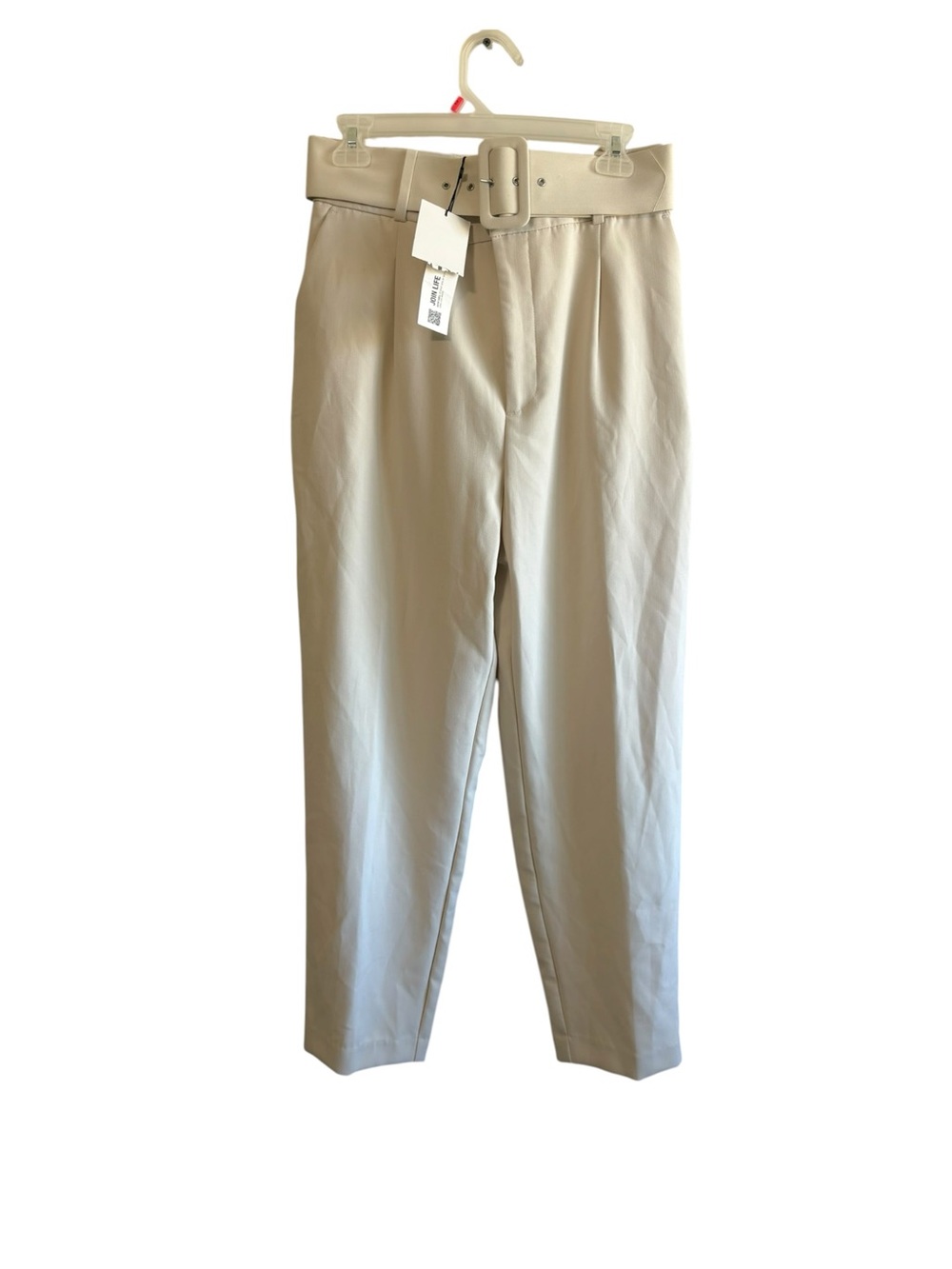 NEW ZARA Size Large Ivory Straight Leg Belted Dress Pants Business Office